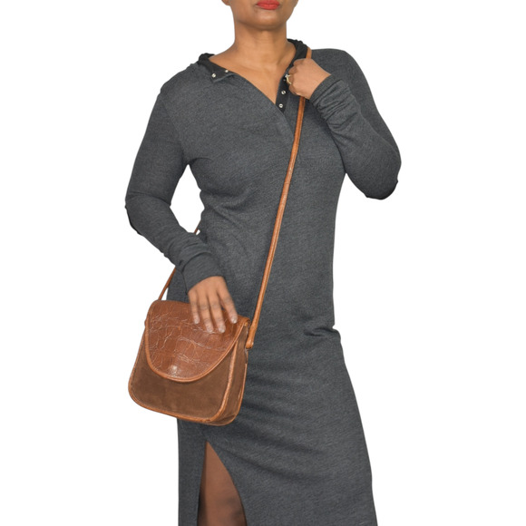 Vintage Enzo Angiolini Saddle Bag Dark Brown Crossbody Leather Suede Embossed - Picture 2 of 16